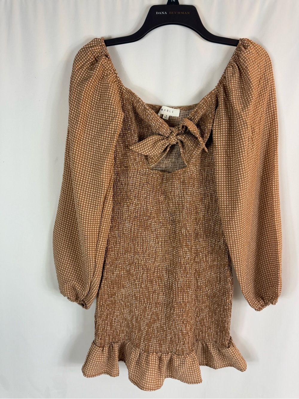 MARBLE women mini dress Brown Smocked with Front Tie Bowcutout ruffle Size:S